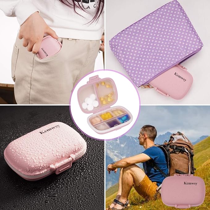 Travel Pill Organizer Small Pill Box Portable Daily 8 Compartment Pill Case for Purse Pocket Medicine Vitamin Holder Container（Wheat Pink）