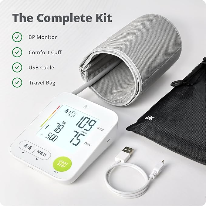 Greater Goods Automatic Bluetooth Blood Pressure Monitor for Home Use, Upper Arm BP Machine with Adjustable Wide Cuff (22–42 cm), Dual User Memory, Irregular Heartbeat Detection