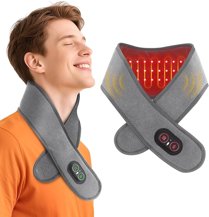 Cordless Neck Heating Pad for Pain, Neck Massager with 660nm 850nm Red Light, Heated Neck Wrap with 3000mAh Rechargeable, 3 Levels Heat & Massage, Gray