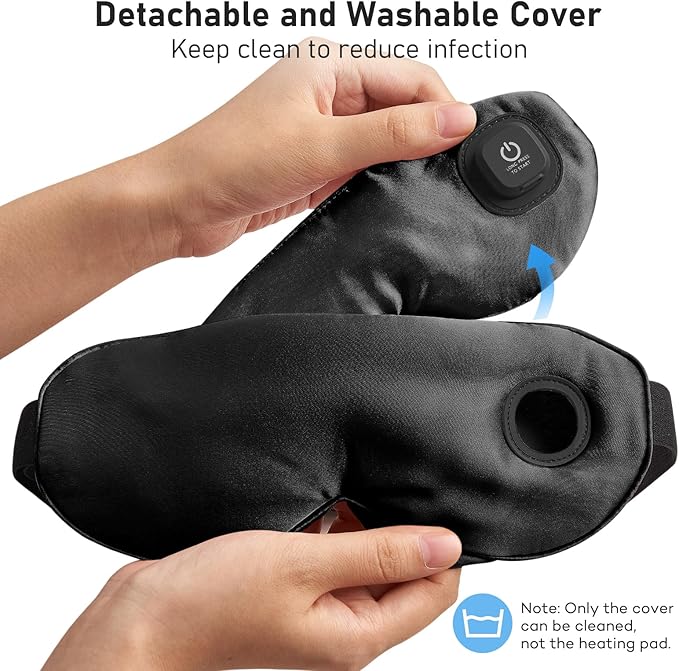 LitBear Heated Eye Mask, Silk Cordless Warm Eye Compress for Dry Eyes, Light Blocking Heat Eye Mask for Women Men, Soft Eye Heating Pad for Dry Eyes, Travel, Rechargeable, Washable Cover (Black)