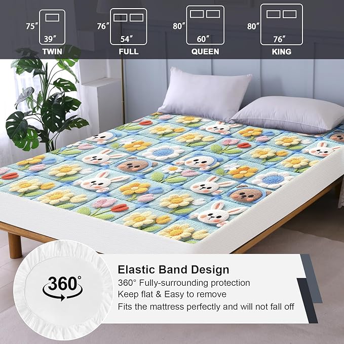Waterproof Mattress Protector Queen, Fitted Sheet Style Breathable Mattress Cover with Deep Pocket Fits Up to 18'', Machine Washable Noiseless Bed Cover for Kids Adults Pets (Squares, 60'' X 80'')