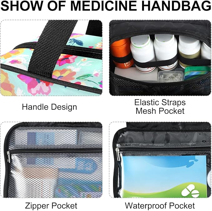 Naanle Pill Organizer Bag Travel Pill Bottle Medicine Organizer Home Storage Medication Bag for Vitamin Supplements, Watercolor Spring Flowers Empty First Aid Bag for Car Camping, 1.0 Count