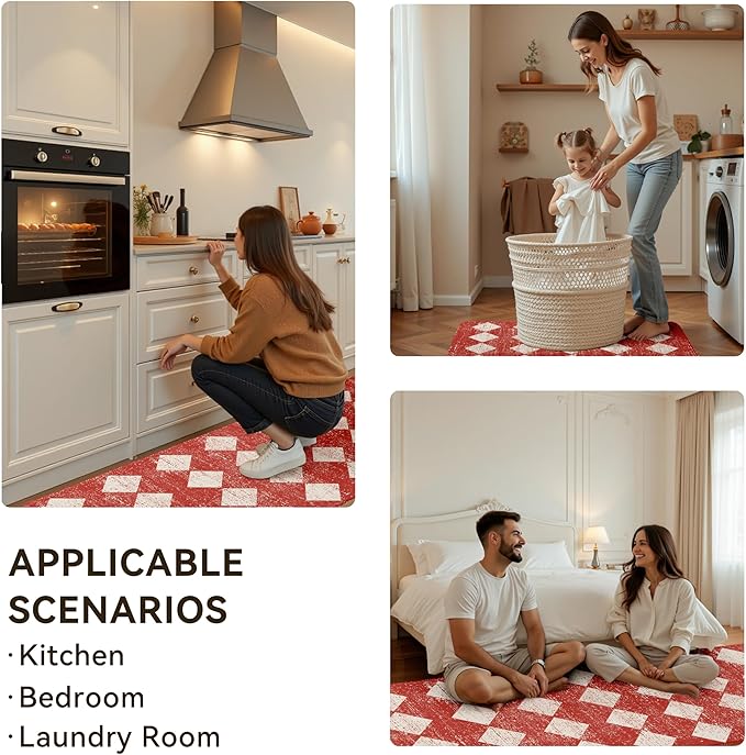 Moroccan Trellis Red Checkered Kitchen Rug Sets [2 PCs], Anti-Fatigue, Waterproof Non-Slip Kitchen Mats Heavy Duty Ergonomic Comfort Foam Rug for Floor, Home, Laundry,17"x29"+17"x47"