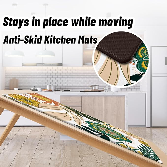 Boho Floral Kitchen Rugs Sets of 2 Anti Fatigue Cushioned Kitchen Mats for Floor Farmhouse Kitchen Rugs Non Slip Waterproof Mid Century Botanical Comfort Standing Mat for Sink Laundry