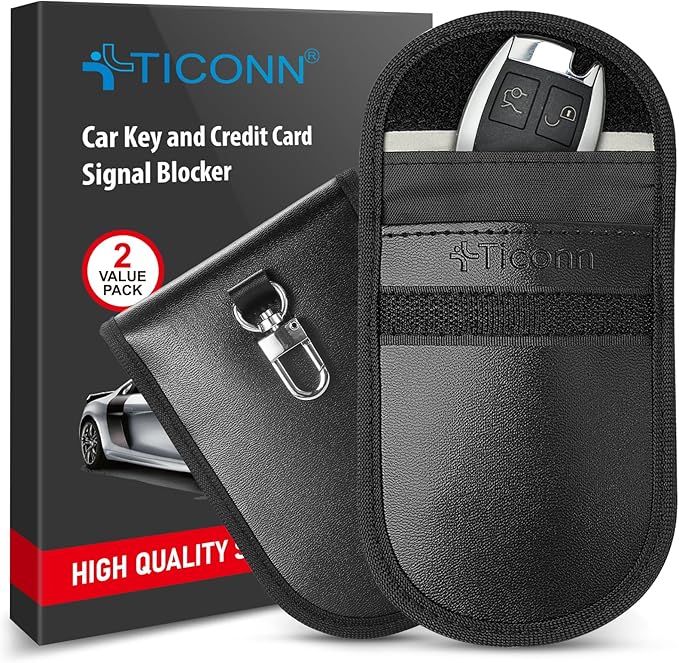 TICONN 2PK Faraday Bags for Car Keys Fob, 3.5''X5.0'' Faraday Cage Protector, Car RFID Signal Blocking, Anti-Theft Pouch Anti-Hacking Case Blocker (Black PU)
