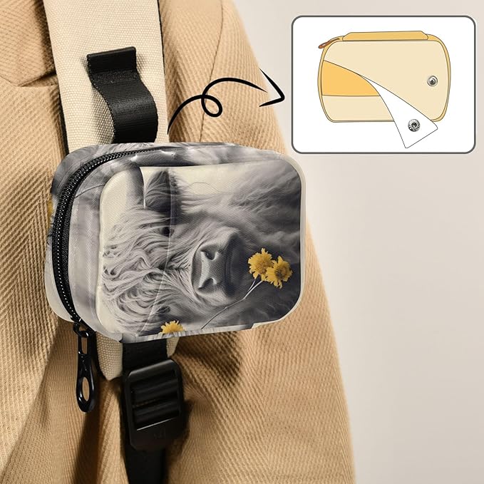 Highland Cow with Flower Pill Organizer Weekly Vitamin Case Bag with Zipper Portable Supplement Holder