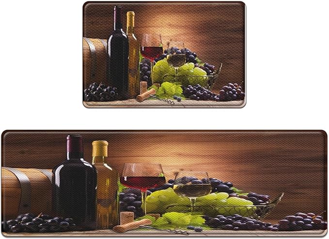 Anti-Fatigue Wine Kitchen Rug Set of 2 Cushioned Grape Kitchen Mats for Floor, Retro Standing Mat Waterproof Non-Slip Kitchen Mats and Rugs PVC Ergonomic Comfort Foam Decor for Kitchen