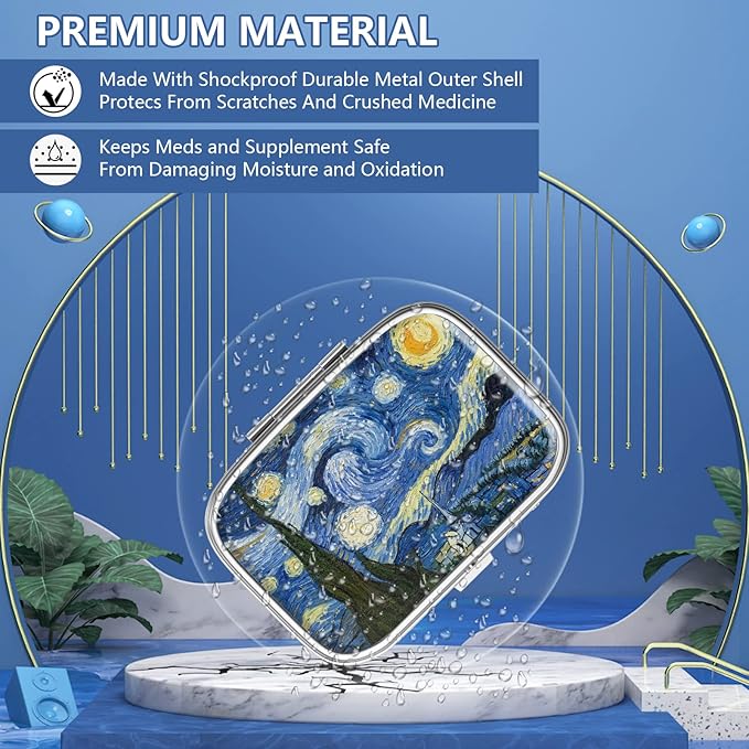 Pill Box 2 Compartment Small Pill Case,Portable for Pocket or Purse Pill Organizer Pill Container Holder to Hold Vitamins, Medication, Fish Oil and Supplements(Starry Night)