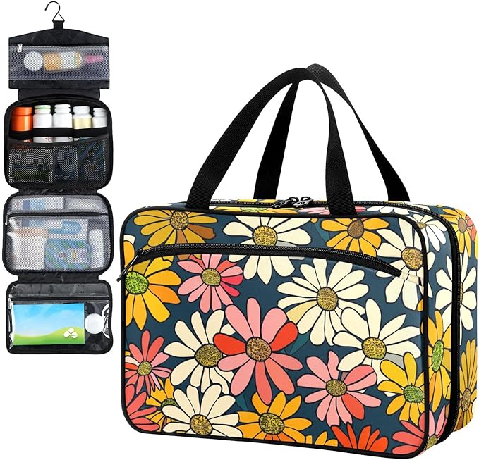 Fustylead Vibrant Vintage Groovy Daisy Flowers Travel Medicine Organizer Bag Home Storage First Aid Kit Large Pill Case with Zipper for Pill Bottle, Vitamins, and Medical Supplies