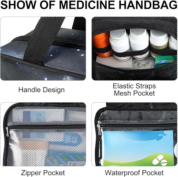 Fustylead Mysterious Unicorn Silhouette in Galaxy Nebula Large Medicine Bag Travel Pill Bottle Organizer with Zipper, Empty First Aid Bag for Camping Hiking Outdoors