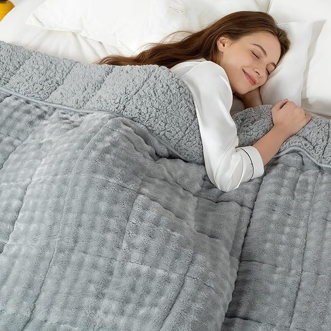 Cottonblue Weighted Blanket 15lbs Bubble Fleece Plush Sherpa Heavy Weighted Blankets for Adults, Fits Twin/Full Size Bed, Cute Fuzzy Warm Heavy Blanket for Calm and Better Sleep, 48"x72", Grey