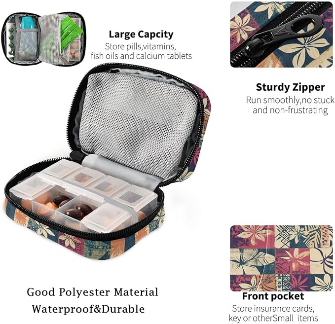 Fustylead Hawaiian Tapa Tribal Elements and Hibiscus Flowers Patch Pill Organizer for Purse, Weekly Portable Pill Box with Zipper to Storage Vitamins Fish Oils Medications Supplements