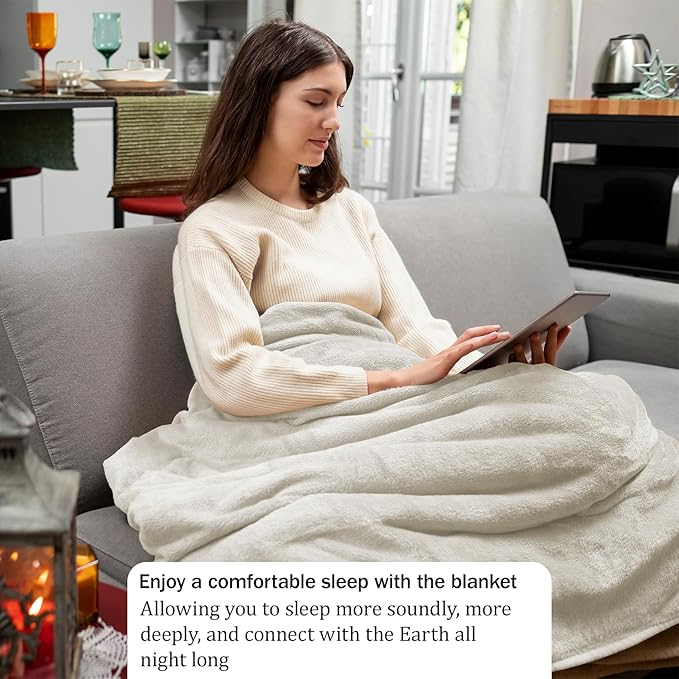 Grounding Blanket, Grounding Throw Blanket for Bed, Earth Connected Flannel Grounding Bed Sheets with Pure Silver Fiber for Improved Sleep, Reduced Stress (47"x59", Beige)