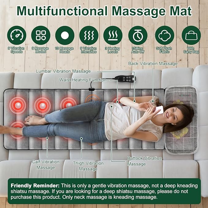 Full Body Massage Mat with Heat, 10 Vibration Nodes Massage Chair Pad with 3 Heating Levels, Multifunctional Full Body Relaxation Seat Back Massager with Head Neck Foot Massage Pillow for Home Office