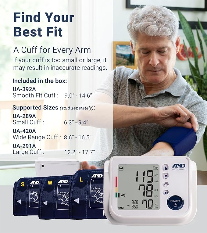 A&D Medical Talking Blood Pressure Machine UA-1030T with Medium Blood Pressure Cuff (23-37 cm / 9.0-14.6” Range) TriCheck Mode & Body Movement Sensor