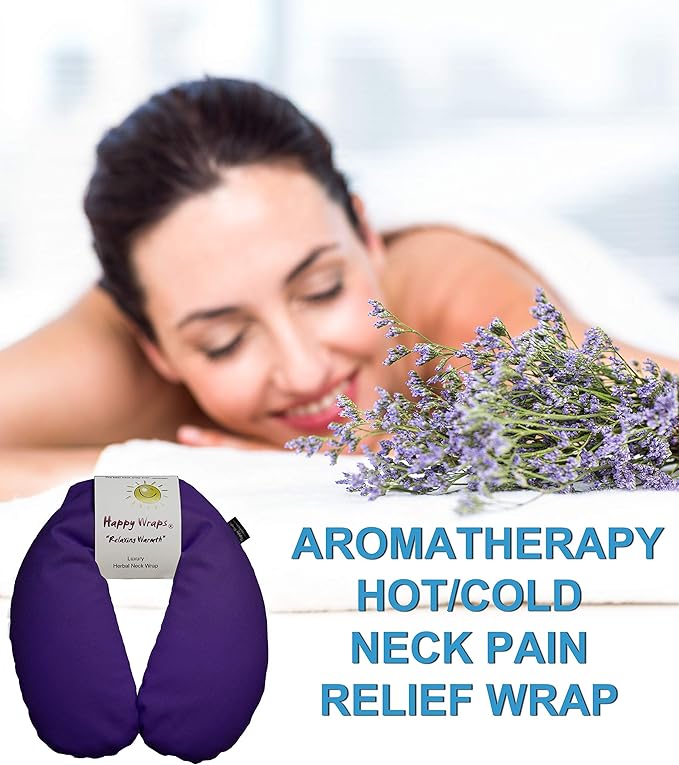 Microwavable Herbal Neck Wrap - Hot Cold Aromatherapy Neck Warming Pillow - Heating Pad for Migraines, Stress, Gifts for Women, Birthdays, Christmas and Free Sleep Mask - Purple Cotton
