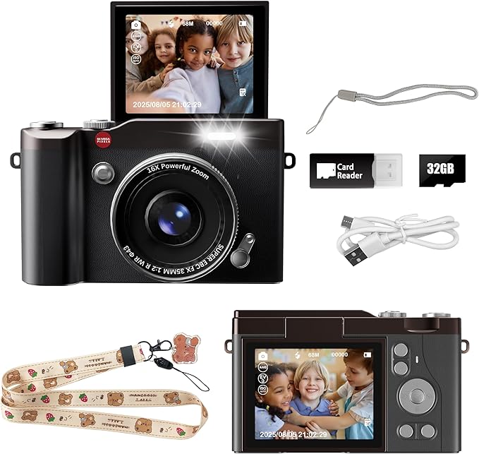 Kids Camera 64MP 1080P Digital Camera with Flip Screen 32GB SD Card Toys for Girls 3-12 Year Old Boys and Gifts