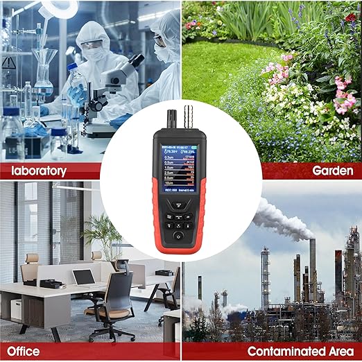 Air Quality Monitor Dust Particle Counter Indoor, Home Air Quality Sensitivity Test 6-Channel Pm0.3/0.5/1.0/2.5/5/10 Um Tester with Temperature/Humidity Monitor/USB Recharge Data Transfer/Storage