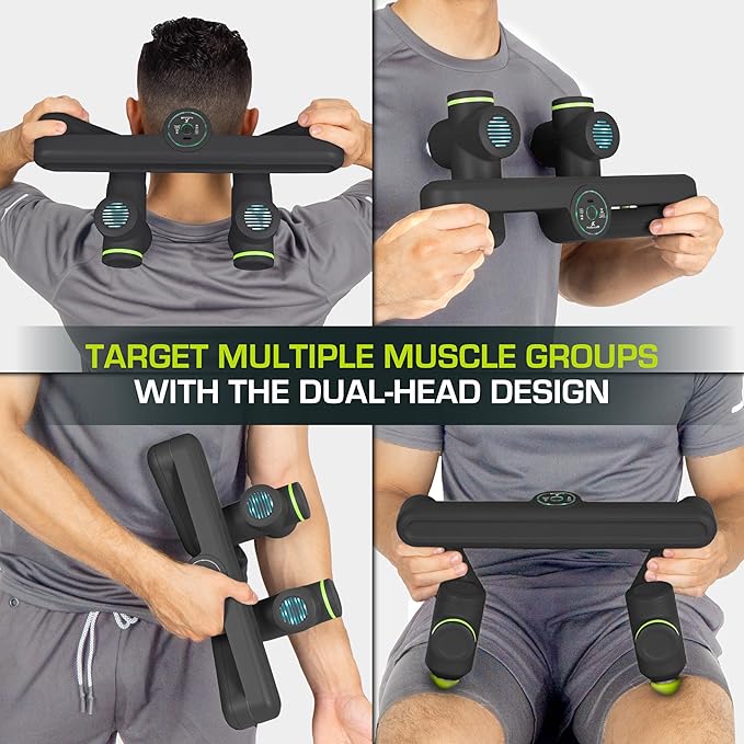 ProsourceFit Dual Pro Percussion Massage Gun, 6 Attachable Pieces for Deep Tissue Relief, Muscle Massager Gun with 4 Speed Levels, Adjustable Handles for Back Massage, and Quiet Portable Relief, Black