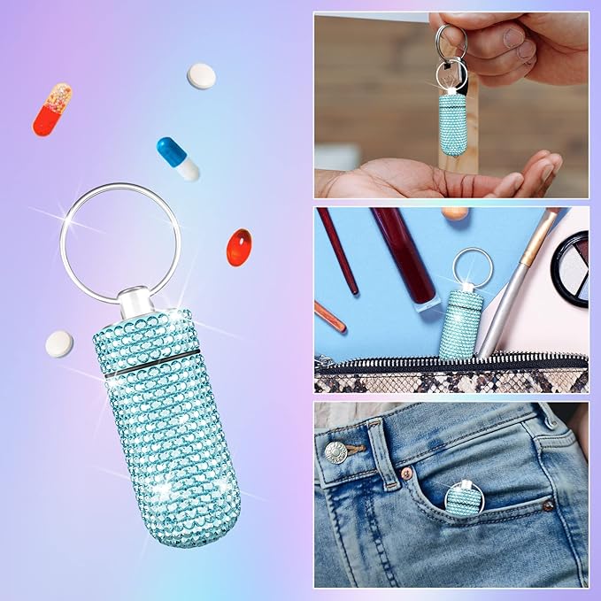 Yuchew Bling Pill Case Pill Container Rhinestone Pill Box Portable Waterproof Pocket Pill Holder Storage Bottle with Keychain for Travel, Outdoor, Camping (Lake Blue)