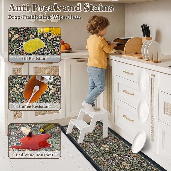 Arttown Kitchen Mats for Floor 2Pcs-Anti Fatigue Non Slip Mats for Kitchen Floor, Cushioned Waterproof & Stain-Resistant Plant Floral Mat Set, Laundry Room, Office, Sink, Desk (Black)