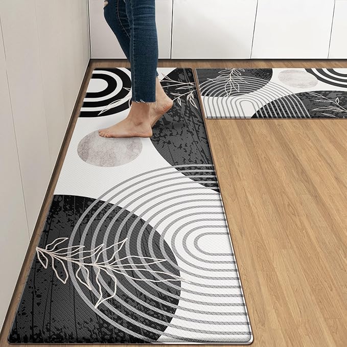 Kitchen Mats for Floor 2 PCS, Anti Fatigue Mat Set, Boho Cushioned Non Slip Waterproof Kitchen Rugs, Wipe Clean PVC Leather Runner for Sink, Laundry, Office, 17"x47"+17"x29", Black