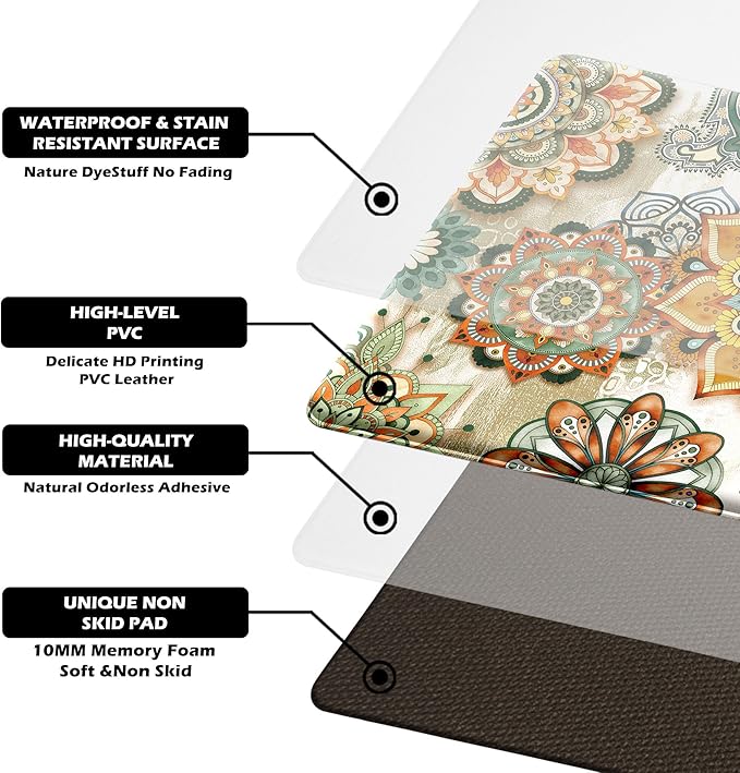 Boho Yellow Floral Kitchen Rugs Mats for Floor 2 Piece Memory Foam Padded Kitchen Mats Anti Fatigue Non Slip Cushioned Comfort Standing Mat, 17.3x28+17.3x47 Inch