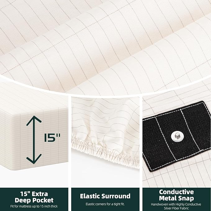Grounding Sheet, 90% Organic Cotton+10% Pure Silver Organic Grounded Sheet for Improved Sleep, Pain Relief, with Static Grounding Cord and Test Pen (White, (60.1 * 80 * 15.1inch))