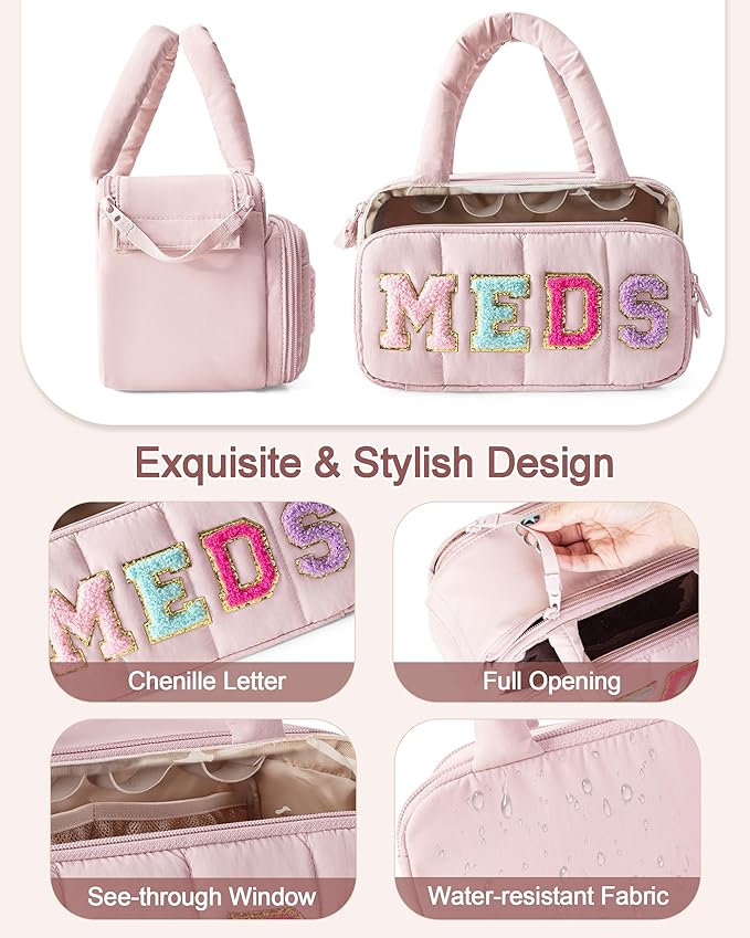 Fasrom Chenille Letter Medicine Bag, Preppy Patch Meds Bag for Travel, Pill Bottle Organizer with Puffy Handles, Portable Cosmetic Toiletry Storage Makeup Case for Women, Pink (Bag Only)