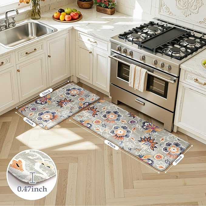 LEEVAN Anti Fatigue Mats for Kitchen Floor 2 Piece,Cushioned Memory Foam Blue Gray Kitchen Mats for Floor,Comfort Floral Boho Non Slip Kitchen Floor Mat for Sink,Laundry,Office(20"x31"+20"x47")