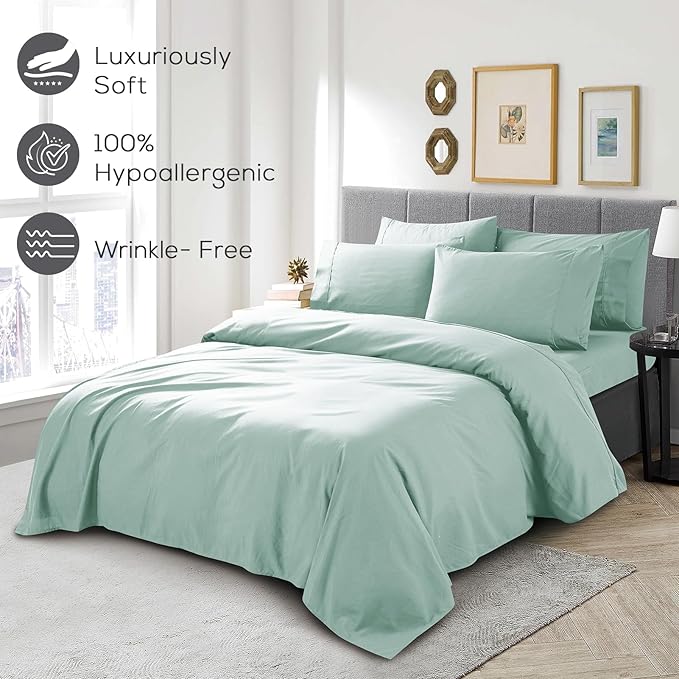 Mueller Ultratemp King Size Sheets Set, Super Soft 1800, 6 Piece, Deep Pocket up to 16" Cooling Sheets King Size, Transfers Heat, Breathes Better, Hypoallergenic, Wrinkle, Light Teal