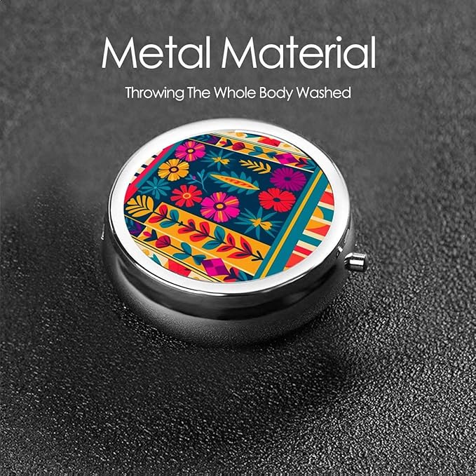 Colorful Mexican Stripes Printed Pill Organizer,Round Travel Pill Organizer Mini Medicine Pill Box for Purse Iron Plating