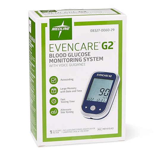 Medline EvenCare G2 Blood Glucose Monitoring Meter, Self-Testing Diabetic Care, 6 Sec Results, Batteries, Guide, Carrying Case, Logbook, Voice Assistance