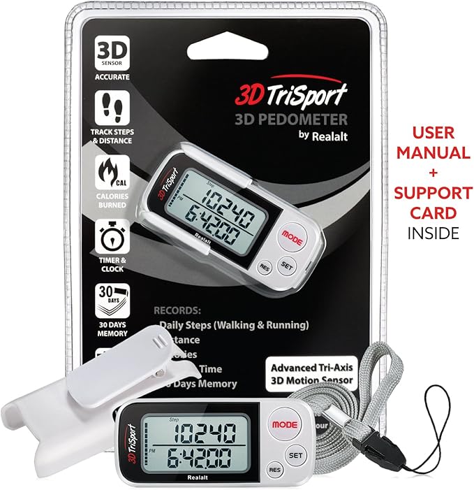 Realalt 3DTriSport 3D Walking Pedometer with Clip & Strap, Accurate Step Counter with 30-Day Memory, Distance in Miles/KM with Large Display Perfect for Seniors & Beginners, eBook Included