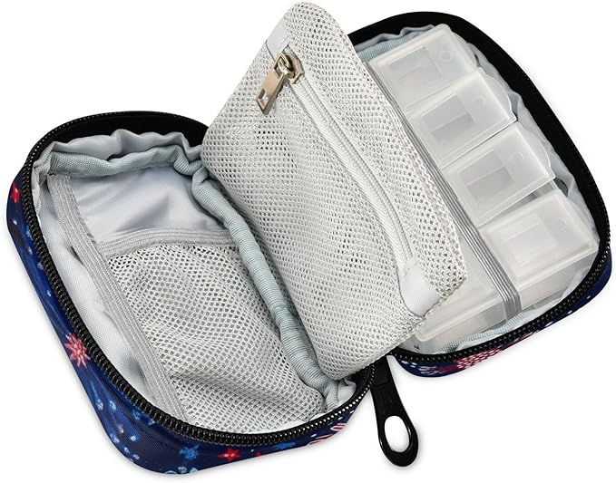 Flower 4th of July Travel Pill Organizer Case Box Container Weekly Portable Vitamin Medicine Holder Storage Bag with Zipper Removable