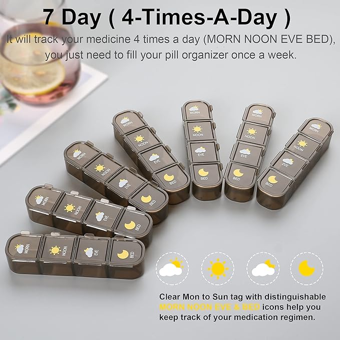 Pill Organizer 4X A Day, Pill Box 7 Day, Acedada Weekly (4 Times A Day) Travel Medicine Organizer Box, Large Pill Container Case Vitamins Holder Pill Dispenser, Brown