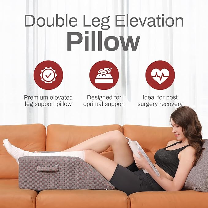 Double Leg Elevation Pillow Post Surgery Leg Pillow | Ankle Knee Surgery – Memory Foam Leg Rest Support Pillow for Injuries, Leg Pain, Hip, Knee Pain, Improve Blood Circulation 29” x 16” x 9.5”
