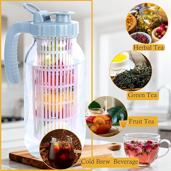 64 Oz Glass Mason Jar Pitcher With Infuser Lid Half Gallon Mason Fruit Infused Water Pitcher 2 Quart Wide Mouth Sun Tea Jar For Outside For Fridge Lemonade, Beverage,Milk,Juice, Cold Brew Container