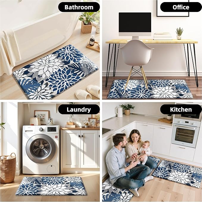 Kitchen Mats for Floor 2PCS Cushioned Anti Fatigue Kitchen Mats Waterproof Non Slip Kitchen Mat Rug Set Comfort Foam Standing Mat for Sink, Laundry, Office, Blue Gray
