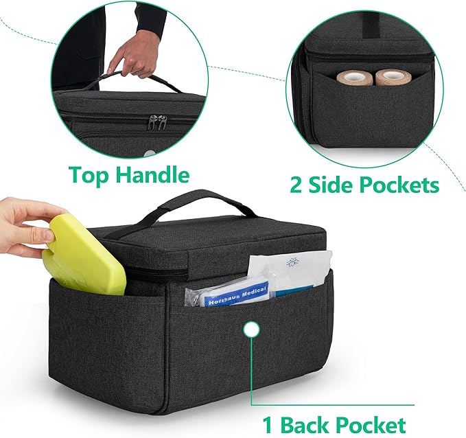 CURMIO Small Medicine Storage Bag Empty, Family First Aid Box, Pill Bottle Organizer for Emergency Medical Supplies, Black (Bag Only, Patent Pending)