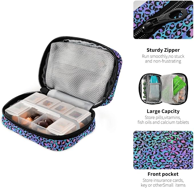 Colorful Cute Leopard Print Pill Case, Portable Weekly Pill Box Bag Container 7 Days Pill Organizer Vitamin Supplement Holder with Zipper for Travel Family Business