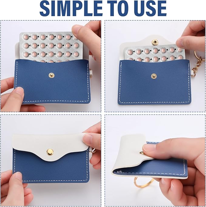 Tondiamo 2 Pack Birth Control Pill Case Holder PU Leather Pill Sleeve Packet 4.33 x 3 Inch Discreet Birth Control Pouch with Snap Closure Key Ring for Pills Card Organizer(Dark Gray, Gray Blue)