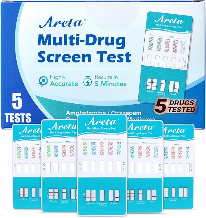 Areta 5 Panel Urine Drug Test Kit - [5 Pack] Testing Marijuana(THC), Cocaine(COC), Opiates(OPI), AMP, BZO, at Home All Drugs Screening Tests Kit, #ADTP-754