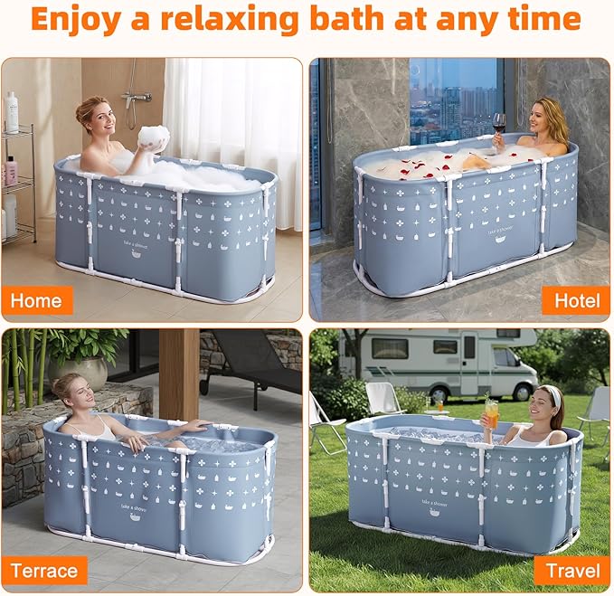 Portable Bath Tub No Installation, Foldable Bath Tub for Adults, Collapsible Adult Soaking Tub for Shower Stall, No Installation Ice Bath and Hot Bath for Indoor Small Bathroom Use