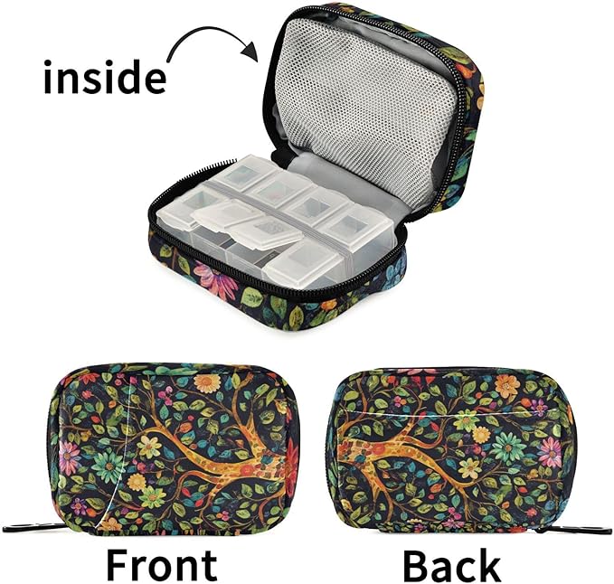 Tree of Life Flower Cute Pill Organizer Weekly Travel Pill Box 7 Day Large Capacity Pill Dispenser Case with 8 Pill Container Daily Pill Box Organizer Vitamin Holder Pill Bottle Organi