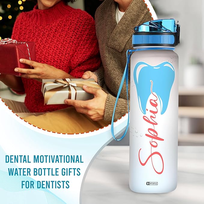 Hyturtle Personalized Dental Water Bottle - 32oz Motivational Water Bottle with Leak-Proof Lid Time Marker - Custom Name Gift for Dentists Dental Hygienists Dental Students - Birthday, Christmas Gift