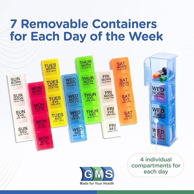 GMS 7-Day 4-Times-a-Day Pill Organizer - With Daily Removable Medication Containers - Suitable for Vitamin & Medicine Use, Secure, Sturdy, Waterproof Weekly Tablet Organizer, Ideal Pill Box for Travel