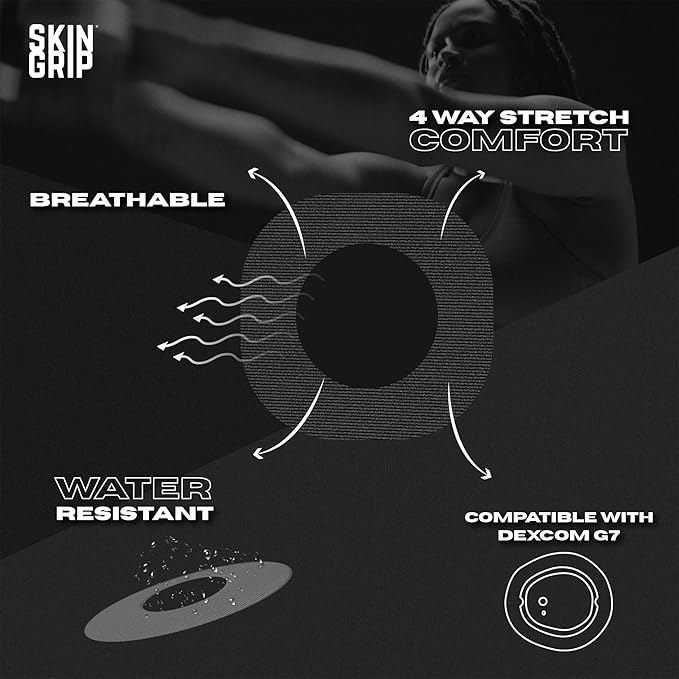 Skin Grip Adhesive Patches Compatible with Dexcom G7 & Stelo CGM with Cutout – Waterproof & Sweatproof Cover for Continuous Glucose Monitor Sensor, Stays Secure for 10-15 Days – 20 Pack, Black