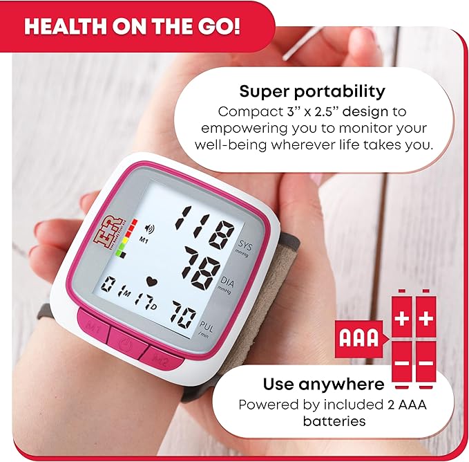 Ever Ready First Aid Fully Automatic Blood Pressure Wrist Cuff Watch Wearable Monitor for Home Use - Pink- Batteries Included