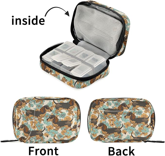 Fustylead Retro Cute Dachshund Dogs and Green Flowers Pill Organizers 2 Times A Day Pill Case Bag with Zipper Portable Weekly Pill Dispensers for Vitamin Supplement